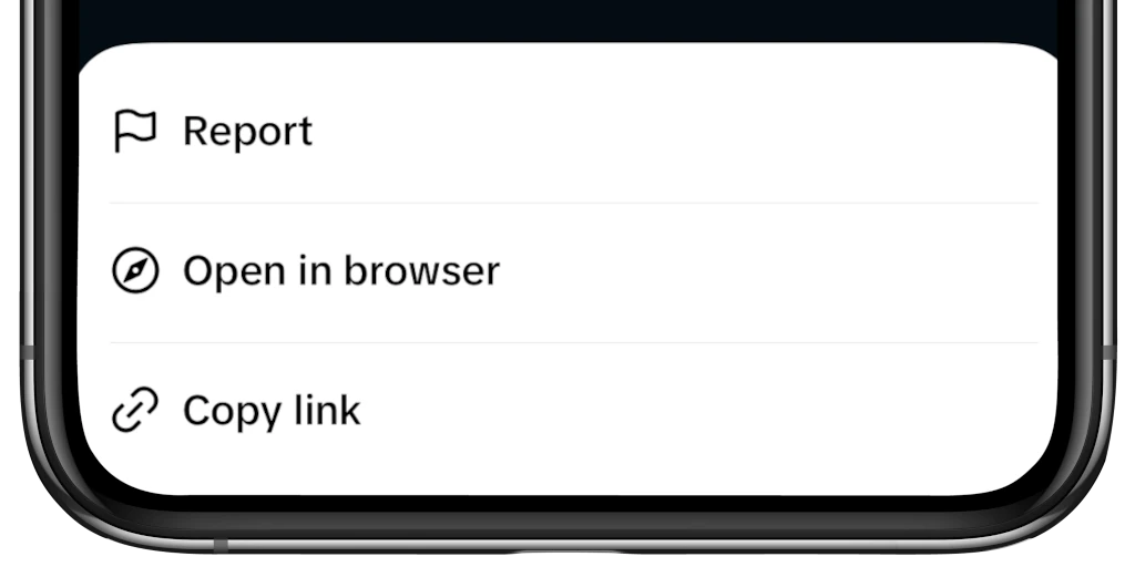 TikTok's menu with Open in browser